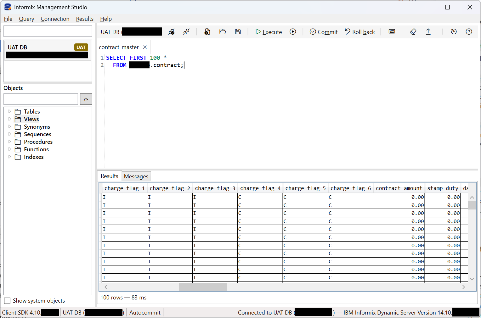 The IMS main window: saved connections and the object tree on the left; on the right a query toolbar, a SQL editor tab, and a result grid of 100 rows; a status bar reporting the Client SDK version and the connected server.